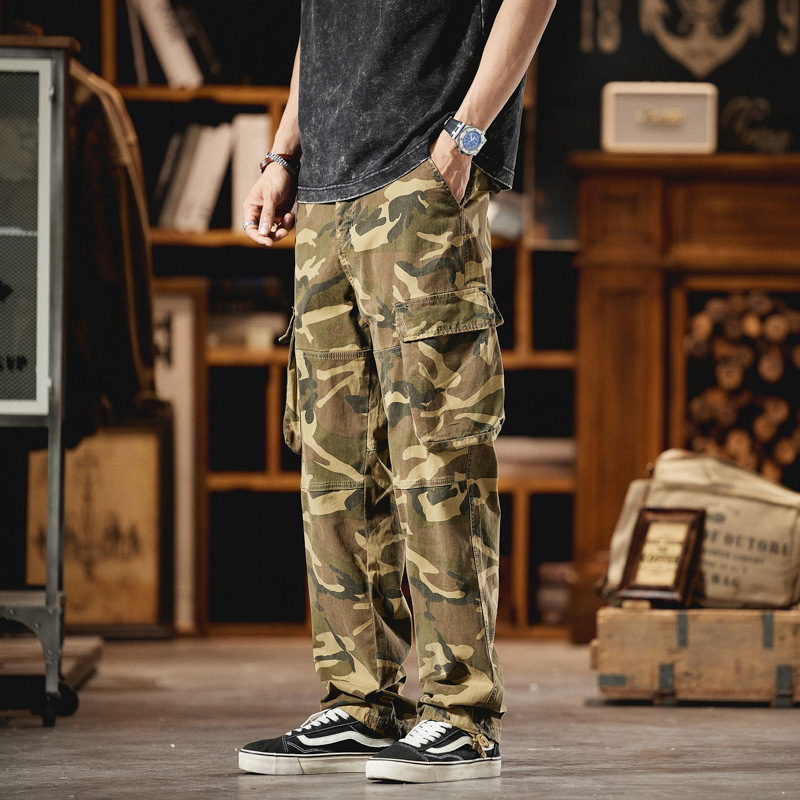 Anyang overalls men's American style retro loose men's straight multi-pocket outdoor elastic camouflage casual pants cross-border