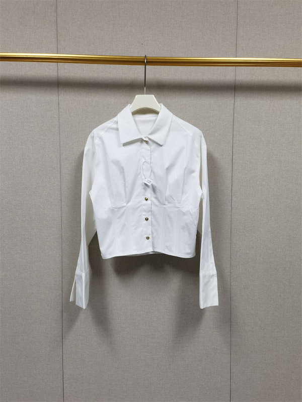 法式小众25秋冬polo领单排扣纯色短款长袖打底修身白衬衫女|undefined