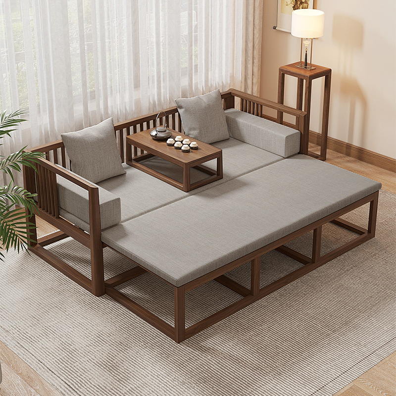 New Chinese Style Luohan Bed Extensible Full Solid Wood Push-Pull Bed Folding Two-Way Convertible Sofa Bed Small Apartment Box Sofa Bed