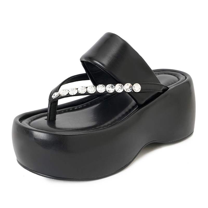 Dép xỏ ngón đế xuồng đính đá cao cấp cho nữ – gót 5 cm, phù hợp đi biển mùa hè — Màu xanh lục nhạt, Màu đen, Màu trắng be