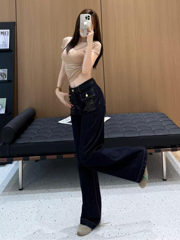 早秋新款美式复古双口袋阔腿牛仔裤女南油宽松遮肉拖地直筒长裤子|undefined
