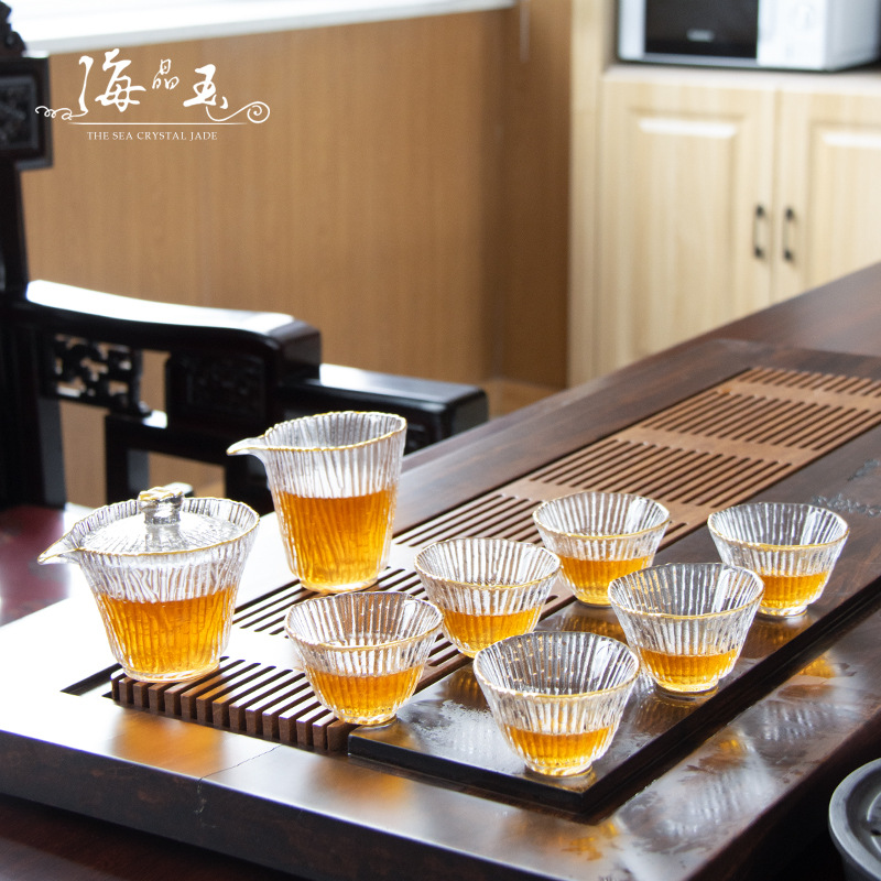 Japanese-style bamboo-pattern glass tea set—household heat-resistant tea cups with gold rims, root-shaped design, serving pitcher, and covered bowl—complete set.