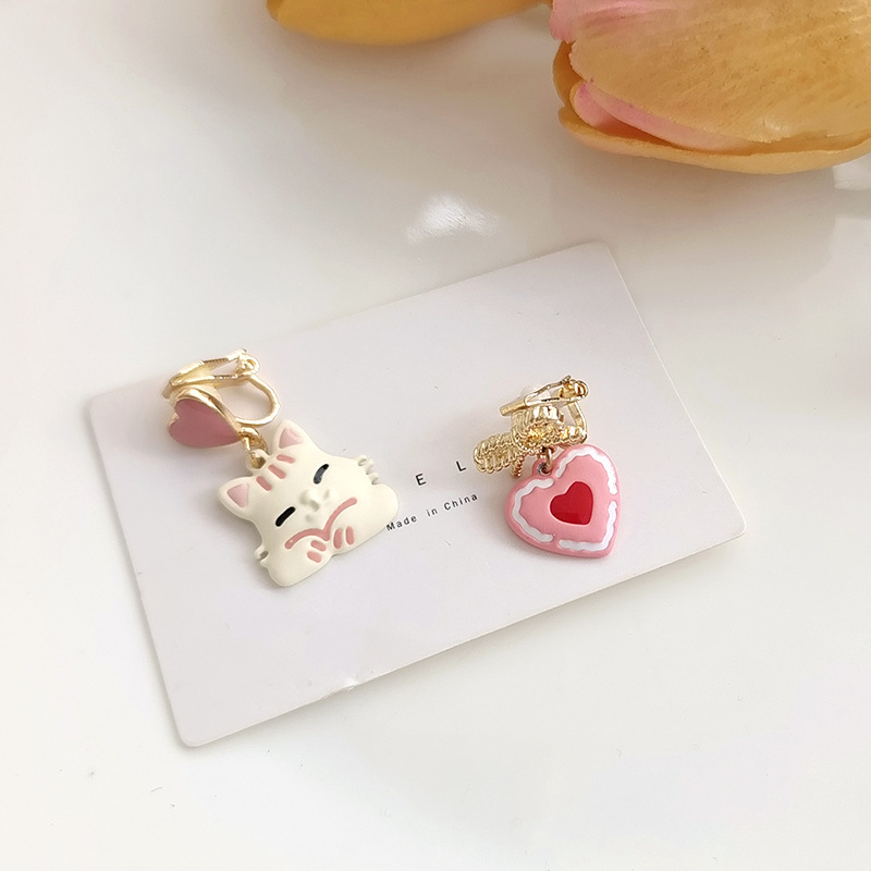 Sweet Heart Shape Cat Bow Knot Alloy Enamel Women's Drop Earrings Ear Clips 1 Pair display picture 4