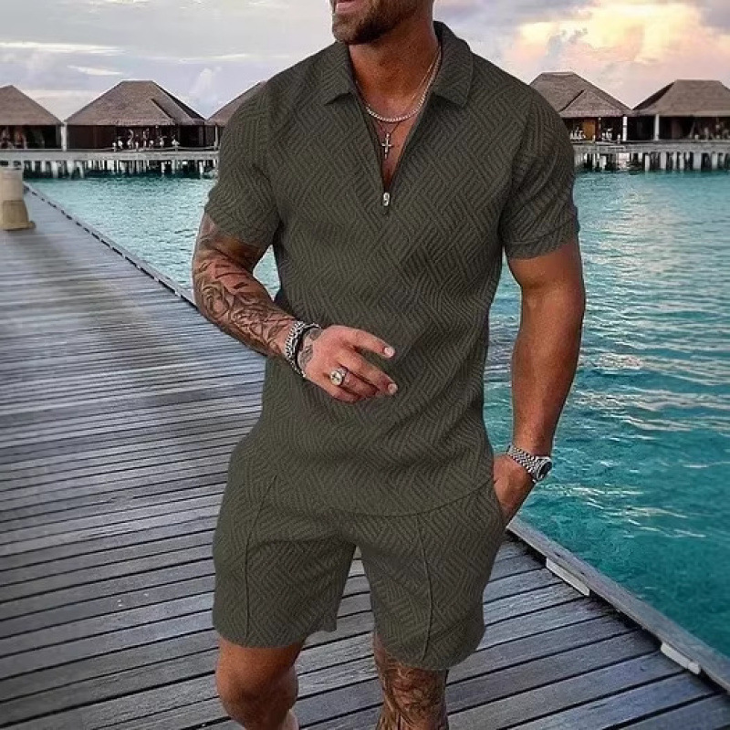 Polo Zipper Lapel Short-Sleeve Shorts Set in Stock Men's New Fashion Cross-Border European and American Independent Station Casual 3D Print Polo Zipper Lapel Short-Sleeve Shorts Set in Stock Men's New Fashion Cross-Border European and American Independent Station Casual 3D Print
