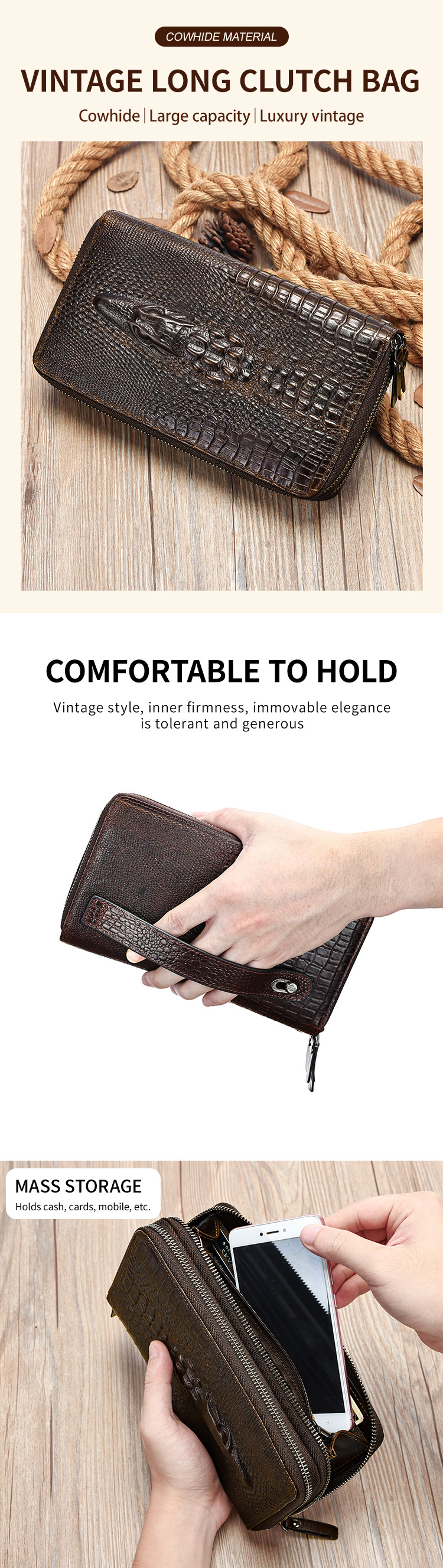 Túi clutch nam da bò dập vân cá sấu cao cấp, khóa kéo đôi, dáng dài đựng điện thoại — Cà phê, màu đen chi tiết 11