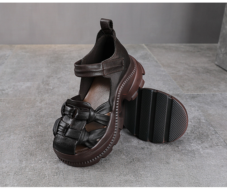 Sandal nữ da bò thật đế dày phong cách La Mã, mũi kín, quai đan dây — màu nâu chi tiết 17