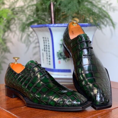 抖音鳄鱼皮皮鞋男商务正装韩版潮流英伦休闲鞋系带潮鞋手工定制鞋|ru