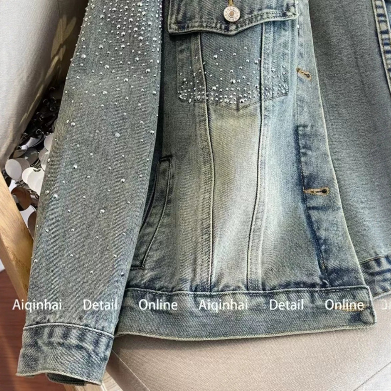 Tweed-style starry blue jacket for women, autumn and spring, American high-street style, lapel jacket, high-end Korean-style top, trendy