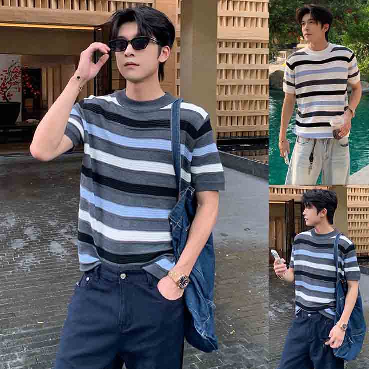 Camiseta de punto de manga corta camiseta de hueso de pescado hombre textural hueco viejo viento de negocios hielo verano fábrica transfronteriza al por mayor