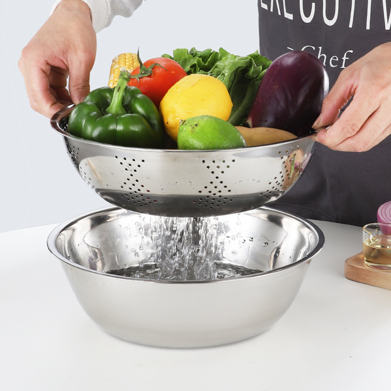 Juego de tres piezas de coladores de acero inoxidable para lavar arroz, cesta para rallar, cesta de drenaje para el hogar, cesta duradera para lavar verduras, regalo.