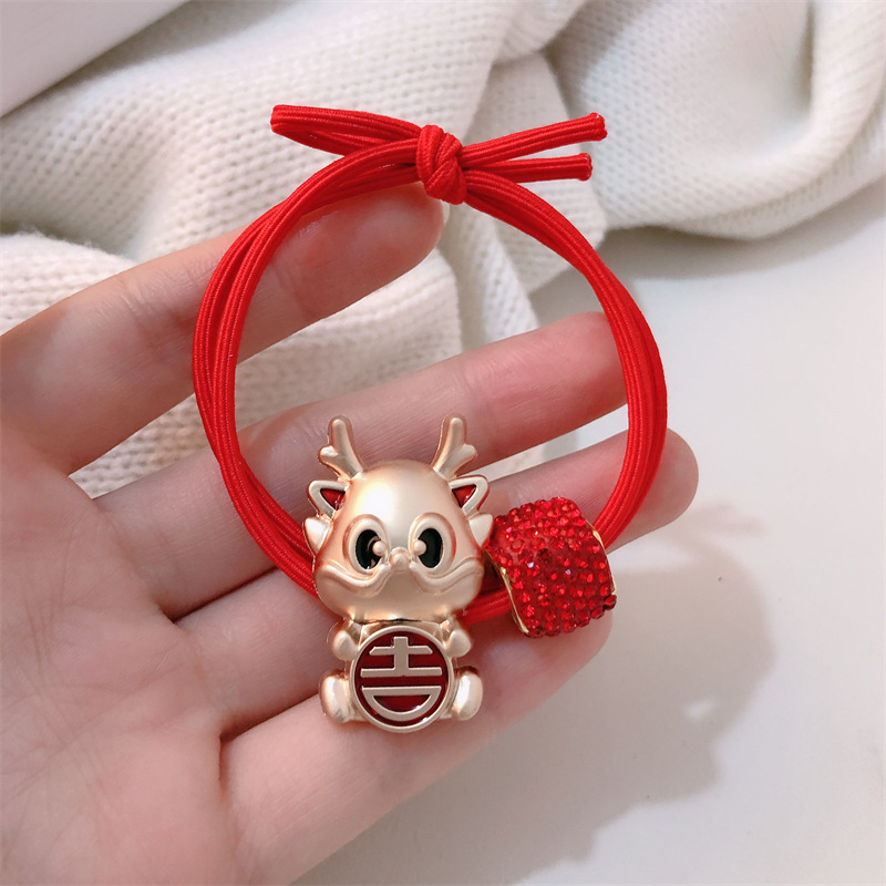 Año del Dragón Zodiaco de alta sensación metal rojo Año Nuevo anillo de cabello de alta altura cuerda elástica cuerda de cabello festiva adornos para el cabello