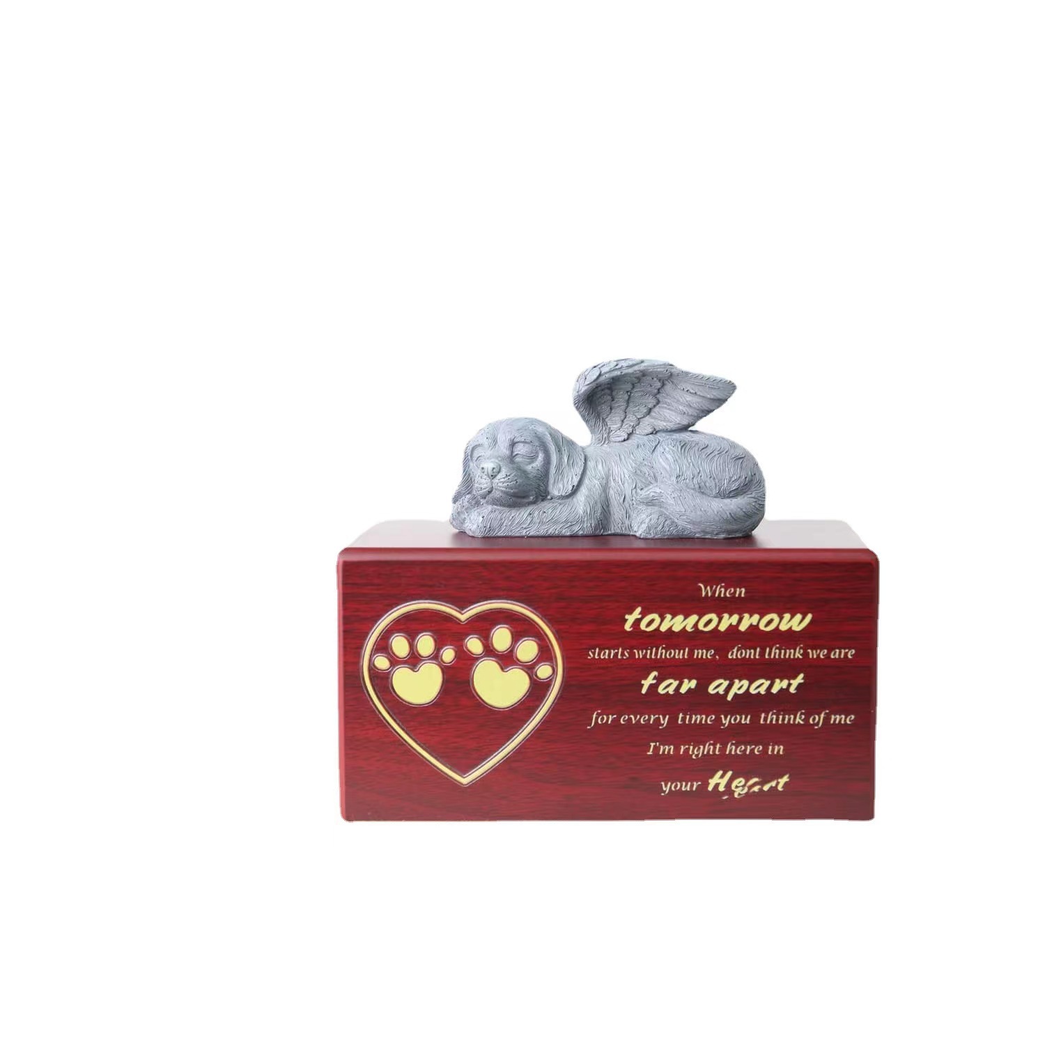 Fabricante en stock suministro transfronterizo mascota Cineraria ataúd cinerario rojo de madera ataúd con los pies y el gato del ángel