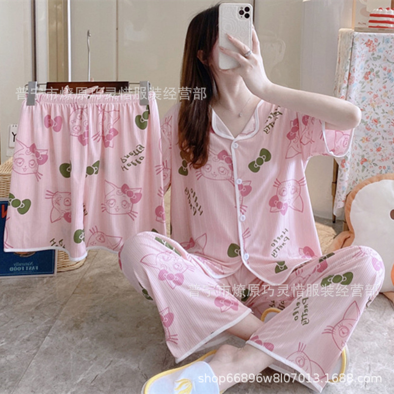 Nuevo estilo pijamas traje de tres piezas de las mujeres pijamas de estilo coreano de verano dulce ins estilo desgaste para el hogar conjunto de tres piezas entrega de una pieza