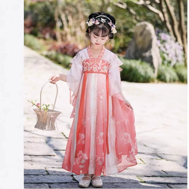 Детский стиль Hanfu Super Fairy для девочек старшего возраста, костюм Тан, новая модель 2025 года, платье с широкими рукавами богини цветов, детская одежда в древнем стиле.