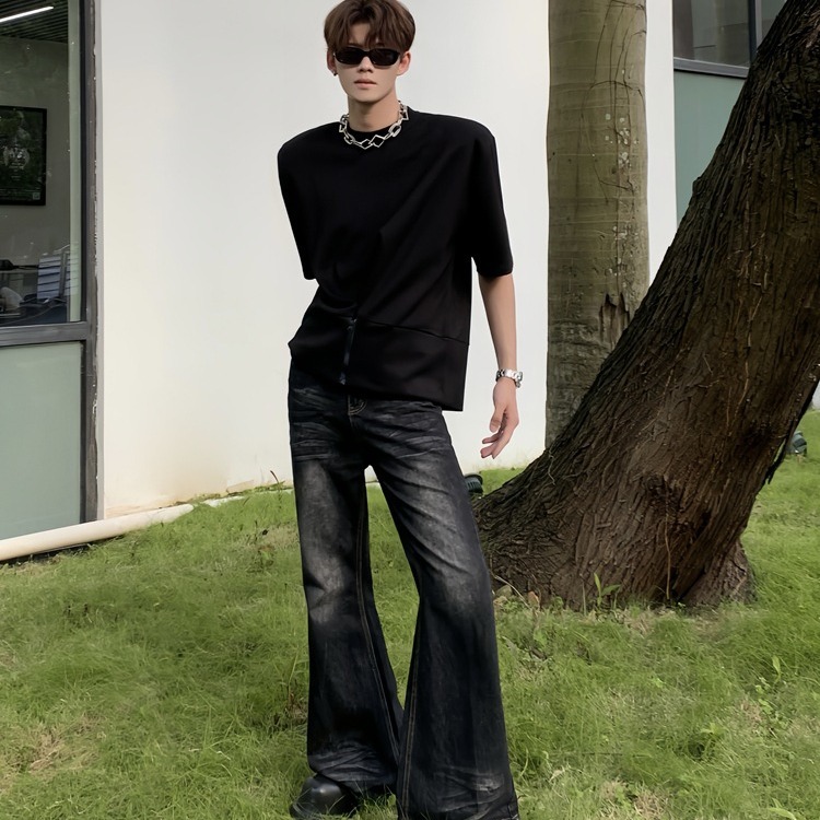 American retro gradiente lavado skinny jeans moda de los hombres de moda tie-teñido cintura alta suelta pierna ancha pantalones largos de moda