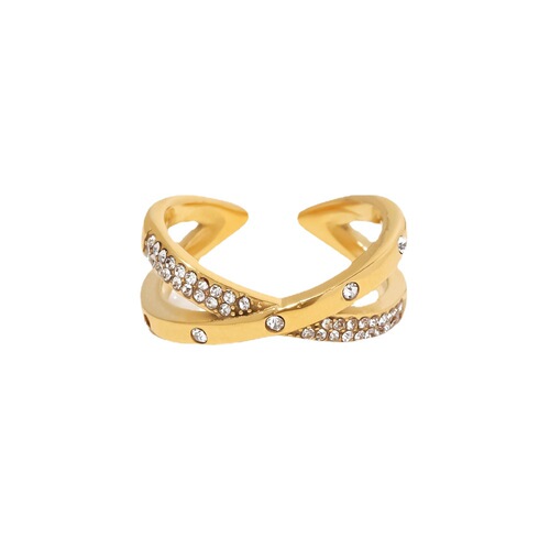 INS French-style niche design stainless steel plated with 18K gold women's versatile cross-set white diamond open ring