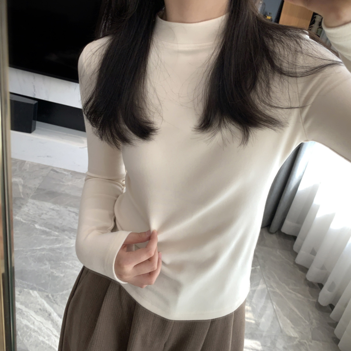 Kk11011 Protein Cashmere Heating Base Super Comfortable Thickeneded Winter Pure Color Half Turtleneck Right Shoulder Constant Temperature Inner Wear