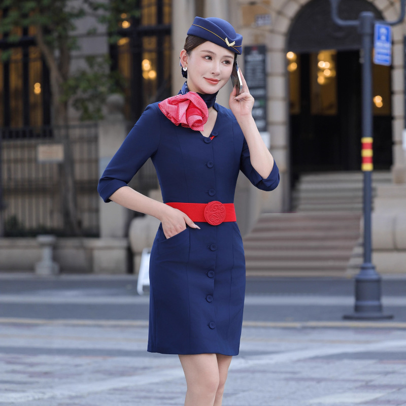 Air China Stewardess Uniform Professional Dress Female Slim Elegant Beauty Salon Jewelry Store Front Desk Reception Work Clothes