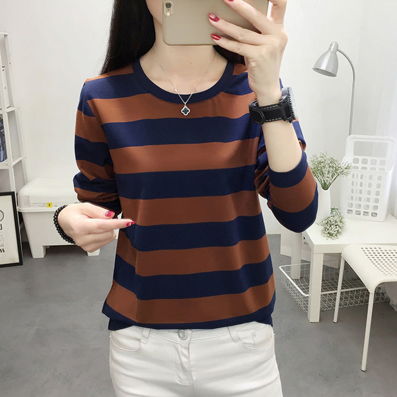 Striped T-shirt Women's Spring New plus size women's T-shirt long sleeve bottoming shirt loose Korean style winter top small shirt