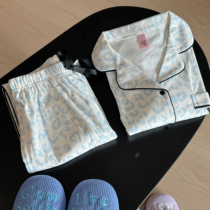 小众设计轻奢家居服轻舒绒轻舒绒蓝豹纹长袖长裤睡衣套装|undefined