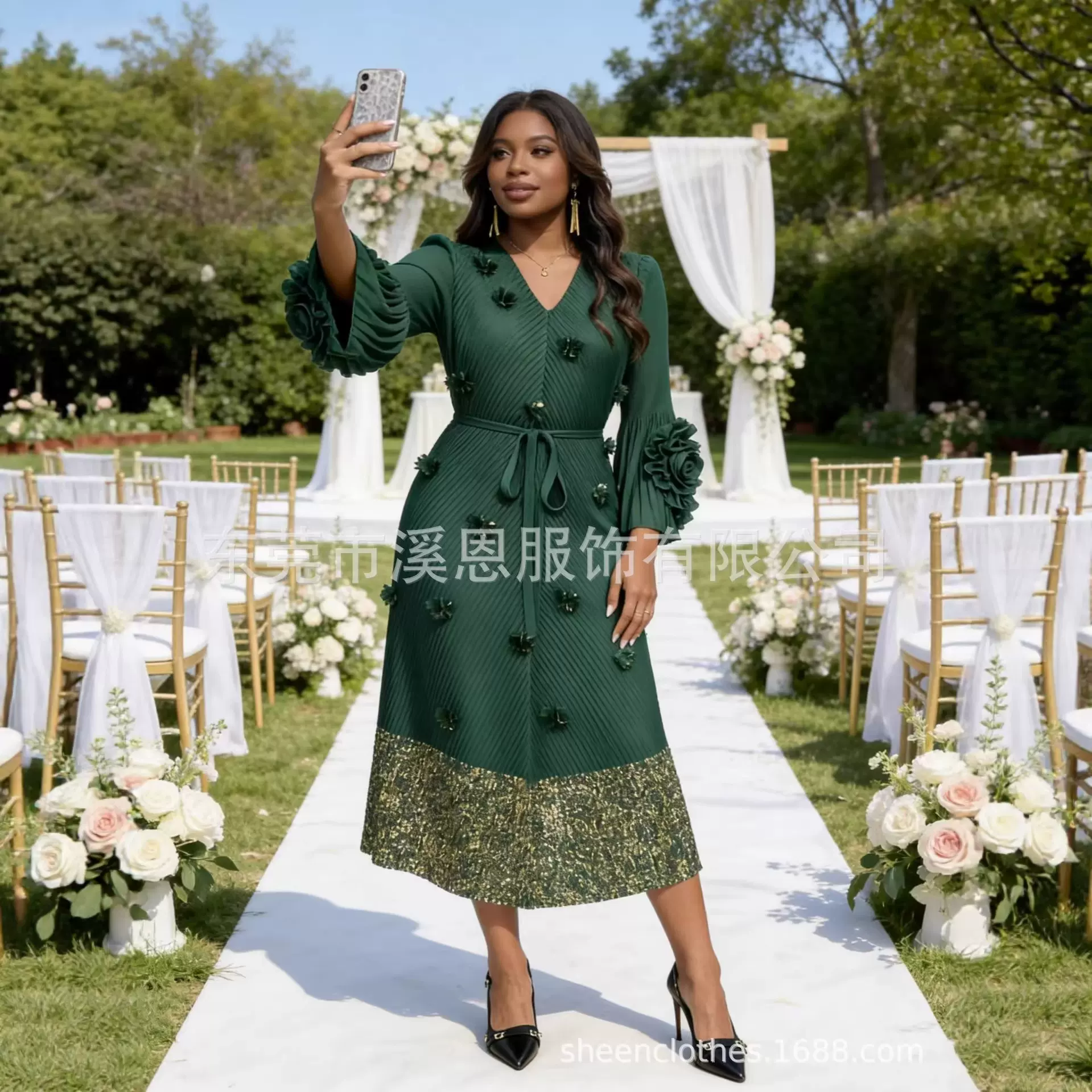 Miayki欧美纯色立体花朵烫金褶皱气质大码女装连衣裙非洲外贸跨境