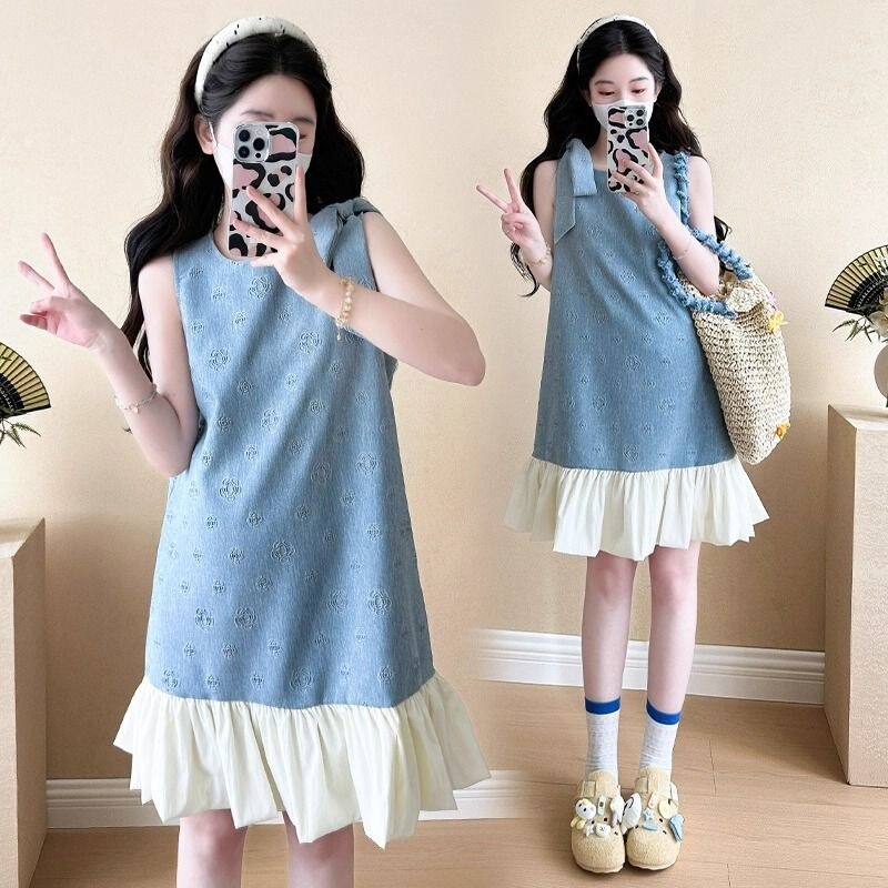 Plus-Size Maternity Dress for Chubby Girls, New Summer Sweet Sleeveless Tank Dress, Petite Chanel-Style Dress