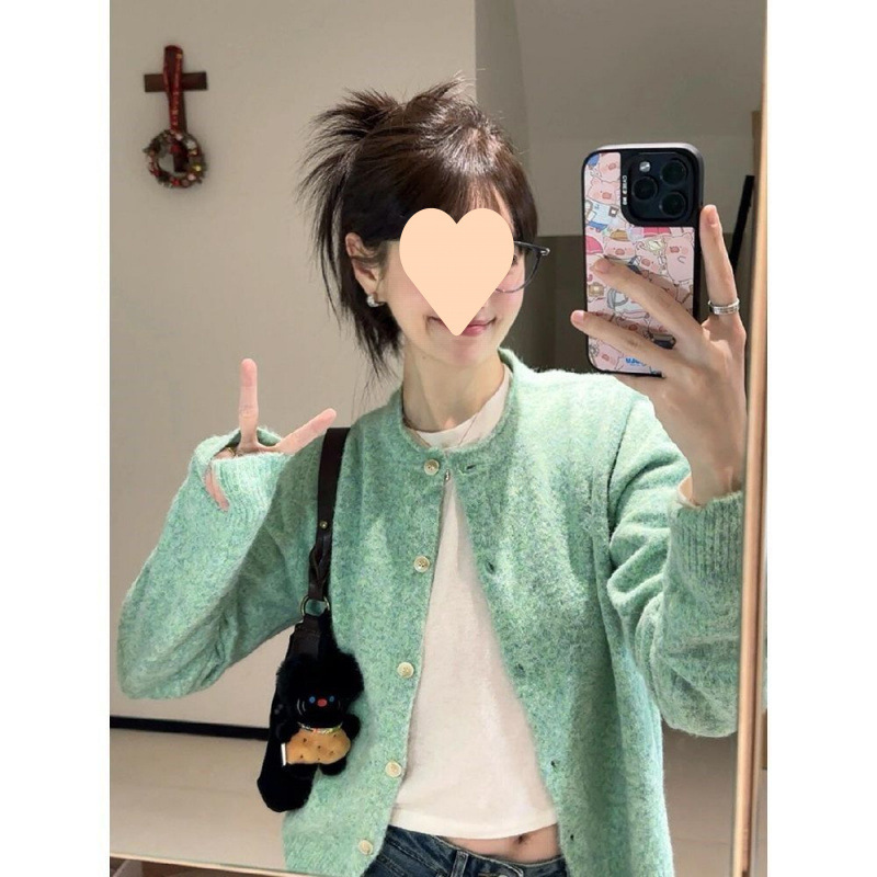 百搭薄荷绿卷边针织开衫女春秋百搭绿色上衣早春外搭软糯毛衣外套|undefined