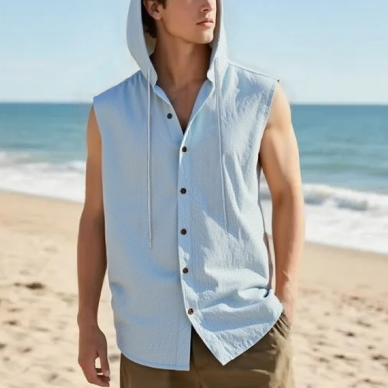 Nuevo transfronterizo Amazon nuevo estilo americano de verano hombre relajado casual lino sólido con capuchón camisa sin mangas