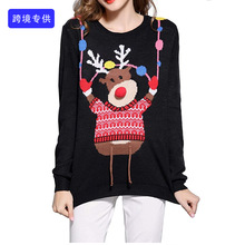 跨境專供卡通提花馴鹿聖誕毛衣 歐美圓領套頭冬季女款小球針織衫