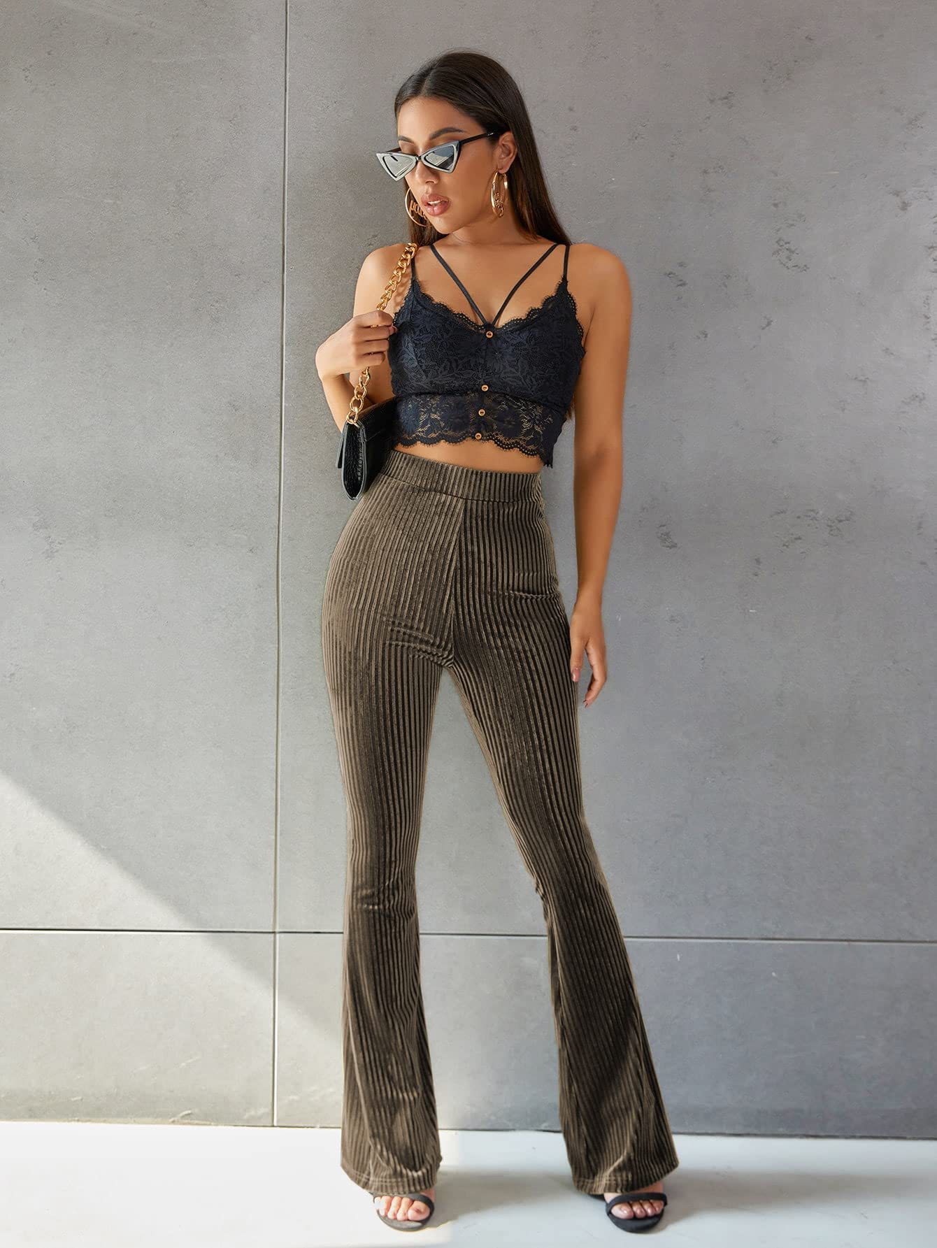 Title 30, Nuovi Pantaloni Svasati Donna in Velluto Oro a ...