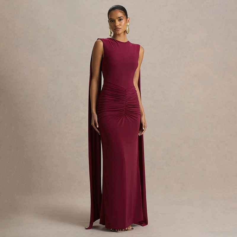 J25Ds304 European and American Cross-Border Women's Clothing Autumn Amazon New Pure Color Backless Shawl Sleeves Boat Neck Pleated Dress