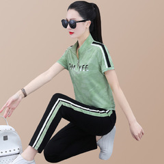 運動套裝女夏季薄鏤空短袖小個子顯瘦跑步衣服22長褲休閒兩件套