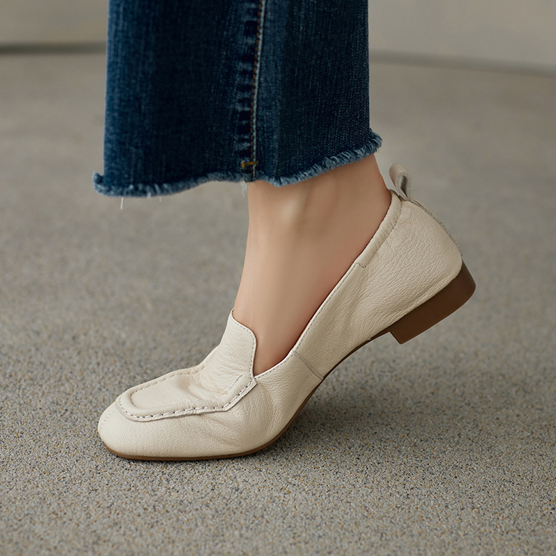 Very Easy to Wear ~ Super Soft-Soled Goatskin Loafers, Simple White Small Leather Shoes, Flats-Soled Slip-On Retro Granny Shoes