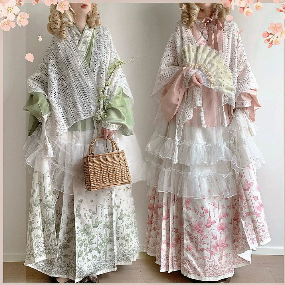 Эклектичный женский комплект Han-Yang в стиле Мин Hanfu с перекрестным воротником и рукавами пипа, юбка мамиан, комплект с накладкой в ​​стиле Лолиты.