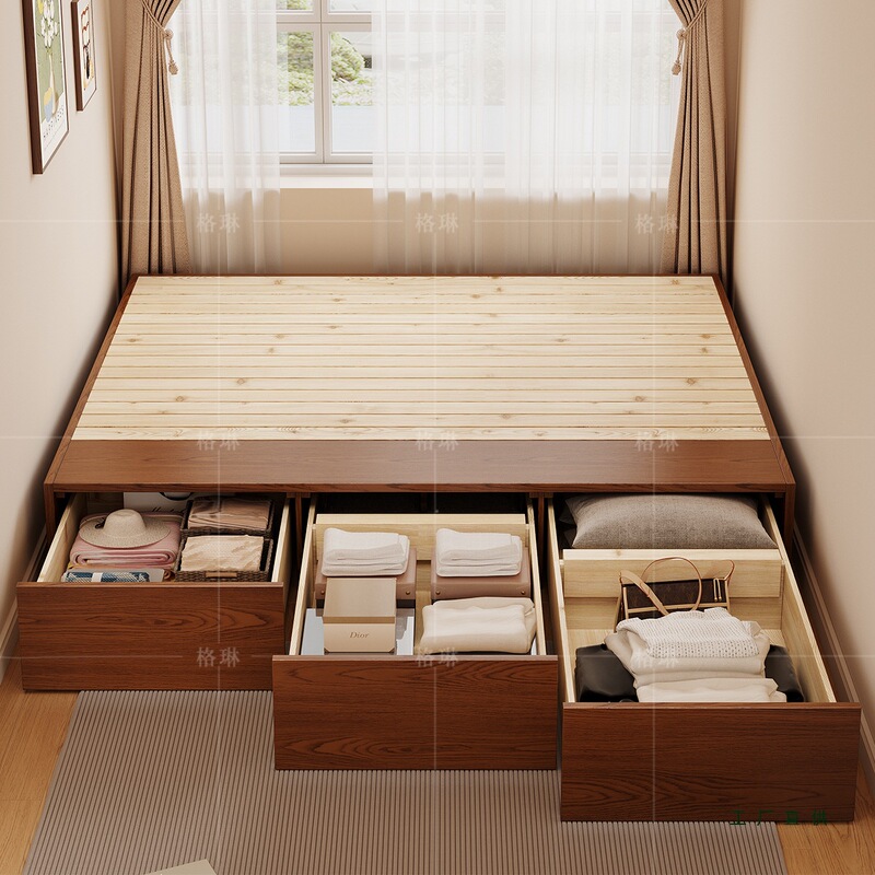Medieval Style Tatami Ash Solid Wood Bed with Static High Box Bed Customized to Any Size Without Bedside Floor