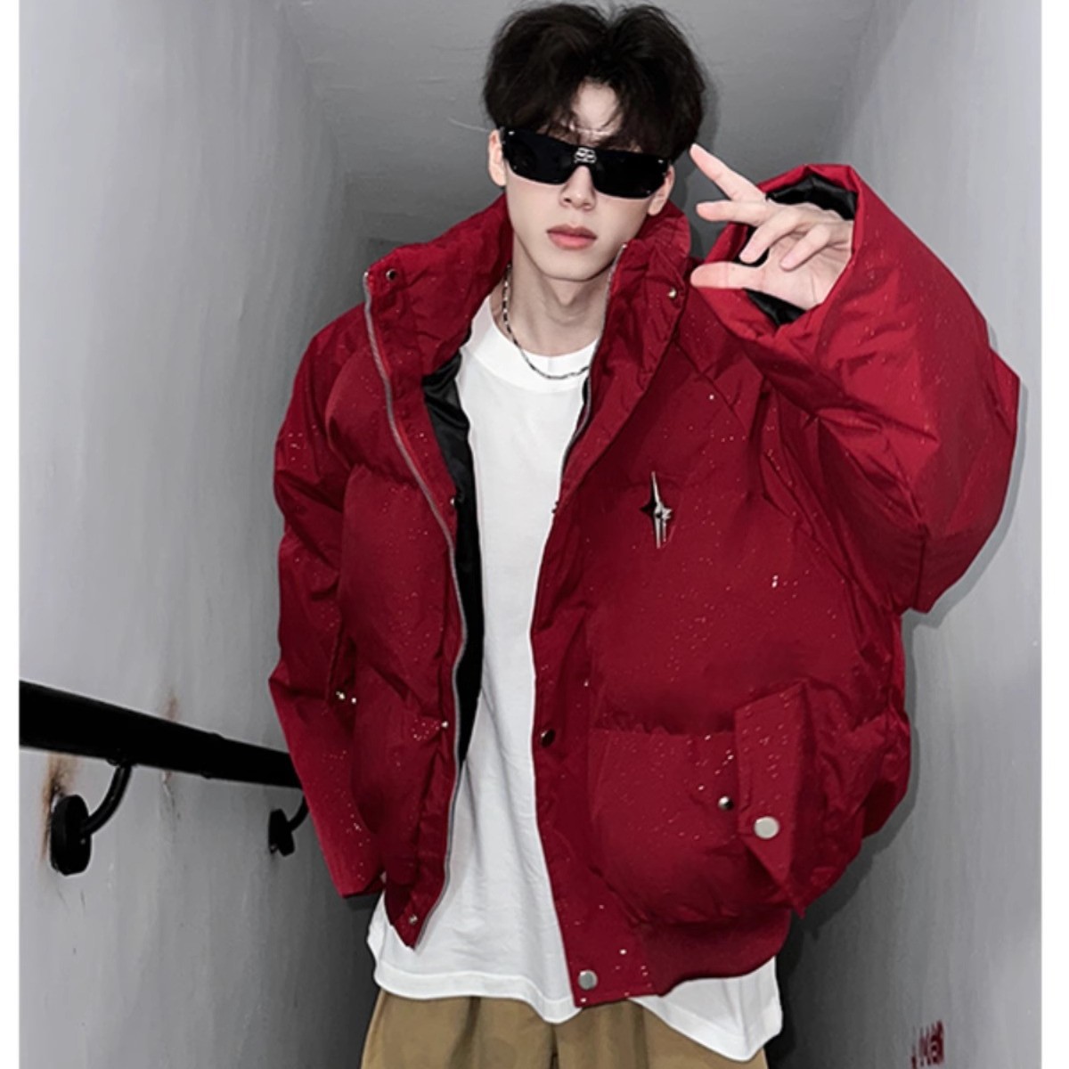 Chaqueta acolchada de invierno para hombre con bordado de estrellas, abrigo grueso y cálido, estilo urbano de gran tamaño, ropa de abrigo informal._voghion.com