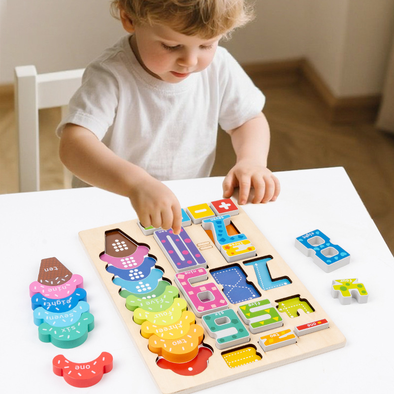 Juguetes de madera para niños pequeños bloques de madera sólida Juguetes cognitivos digitales de madera