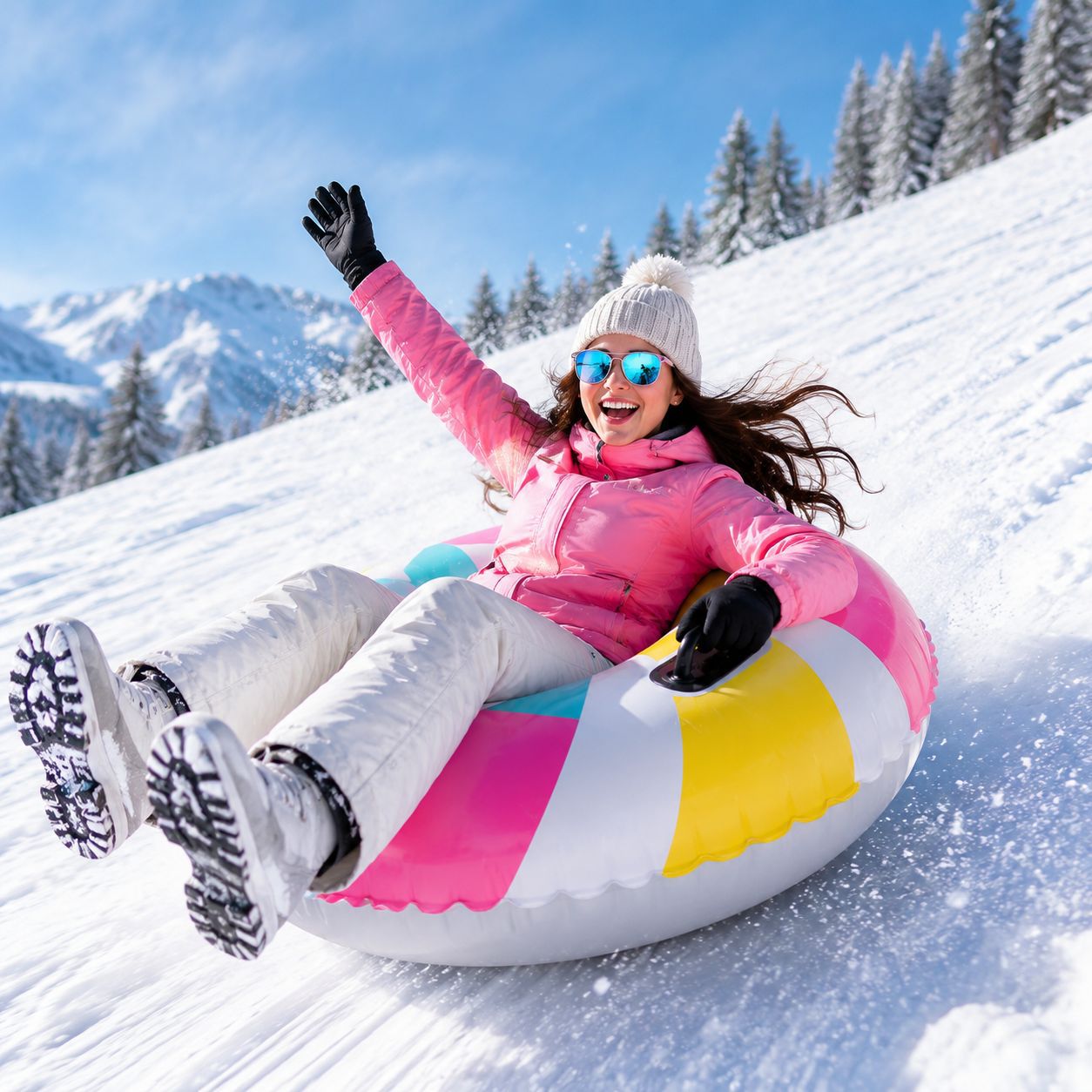 Factory direct stock of inflatable candy-shaped snow tubes, PVC sleds, wear-resistant and cold-resistant inflatable ski tubes, skis, and ski carts.