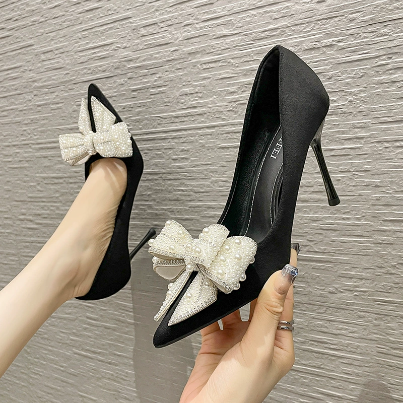 868-165 Корейский Модный повседневный женский туфли на высоком каблуке с бантом, новый зимний тонкий каблук с мелким ртом, 2023