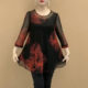 Mother's Summer Dress plus size Round Neck Loose Small Shirt High Elastic Mesh Print New Elegant Slim Look Long T-Shirt