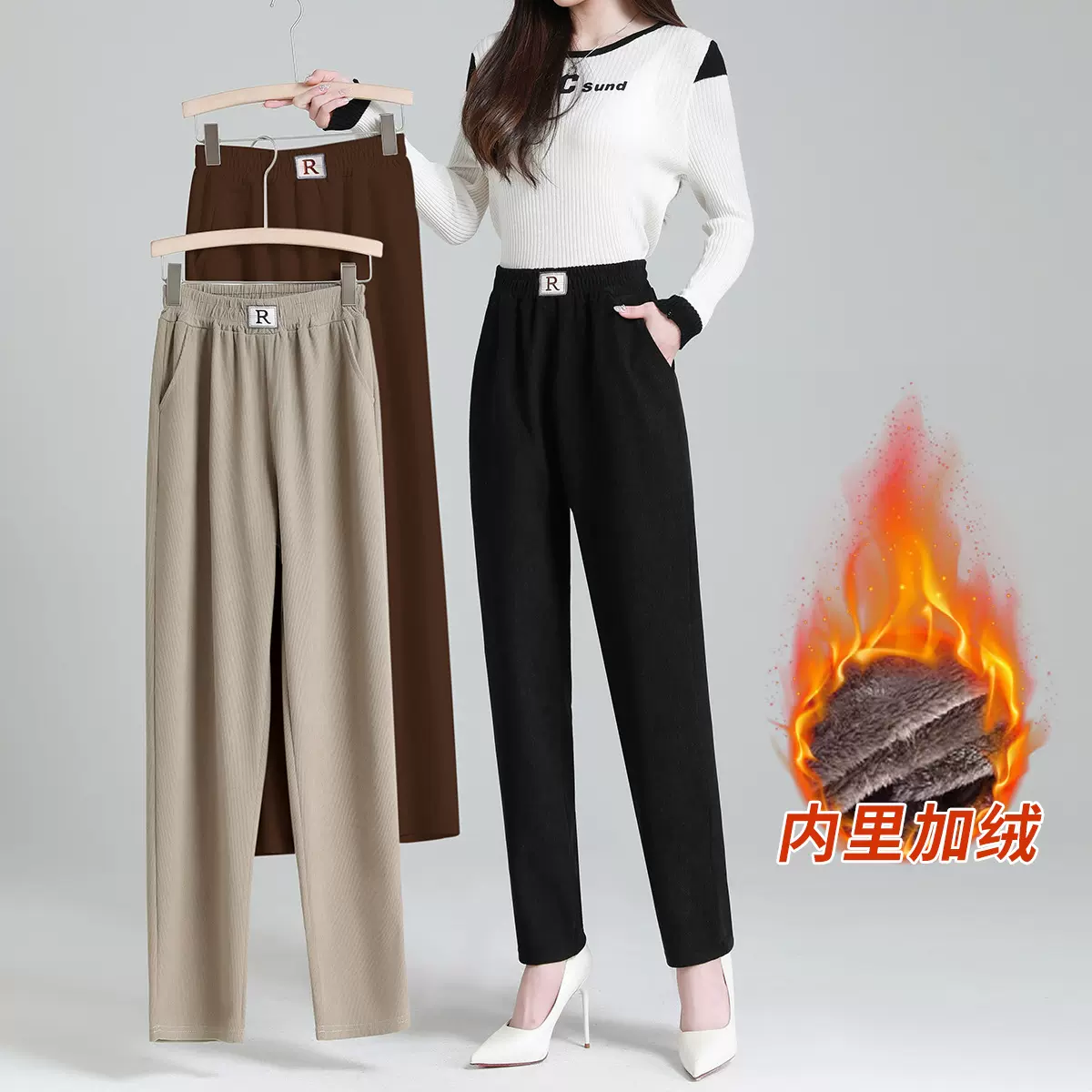 加绒加厚雪尼尔裤子女冬羊羔绒高腰宽松大码妈妈哈伦裤直筒休闲裤