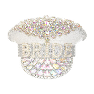 European and American Party Rhinestone Bridal Hat White Sequin Big Brim Hat Letter Bride Party Hat Holiday Big Brim Hat