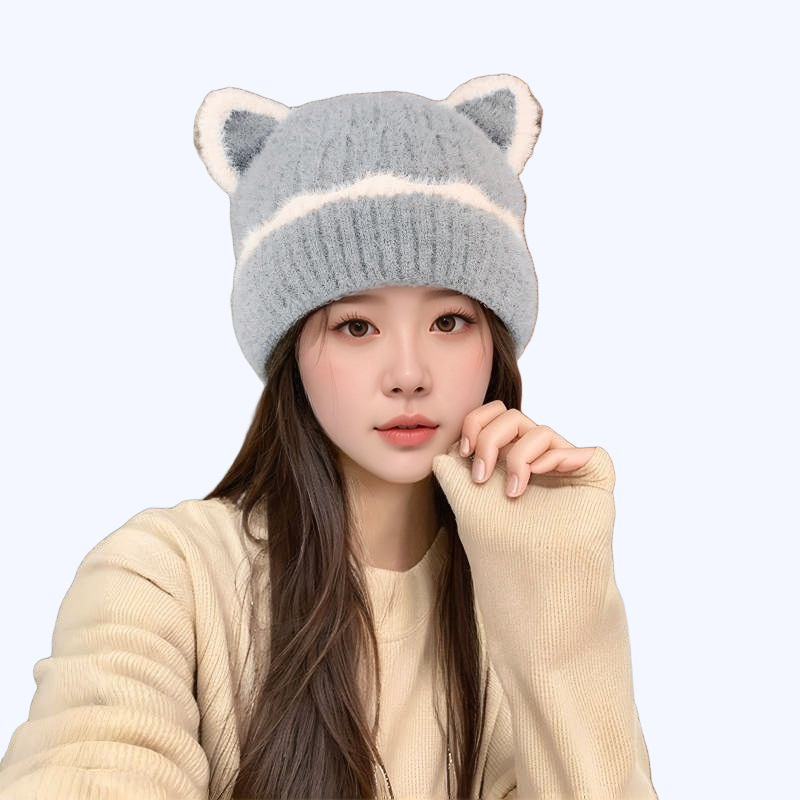 冬季新款熊猫耳朵针织帽女韩版软萌可爱日系时尚护耳保暖毛线帽子|undefined
