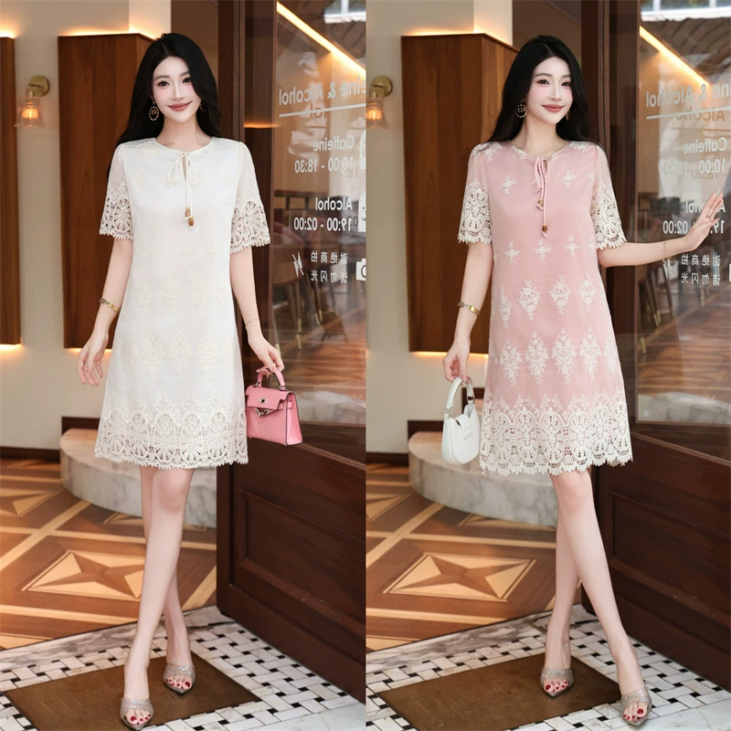 Свободное платье А-силуэта с круглым вырезом и тяжелой вышивкой во французском стиле для женщин, летнее миниатюрное ажурное водорастворимое кружевное лоскутное платье.