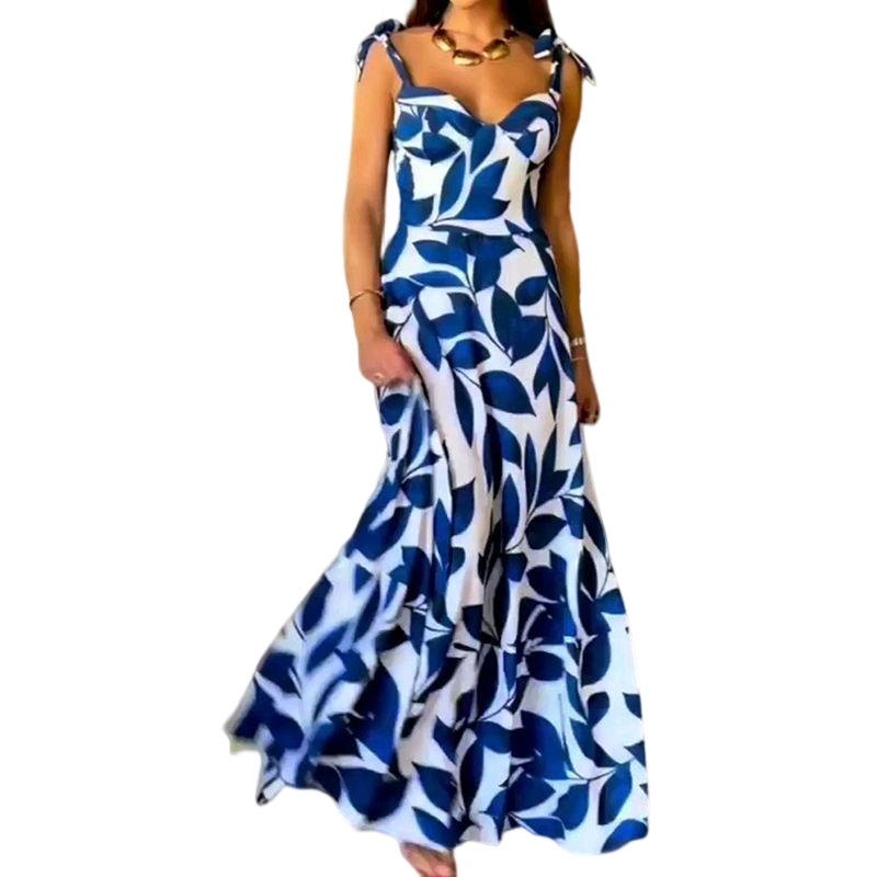 Women's A-line Skirt Casual Pastoral Collarless Printing Sleeveless Leaf Maxi Long Dress Daily display picture 5