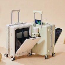 一键开启前开口行李箱多功能拉杆箱铝框可充电旅行箱20寸密码箱登