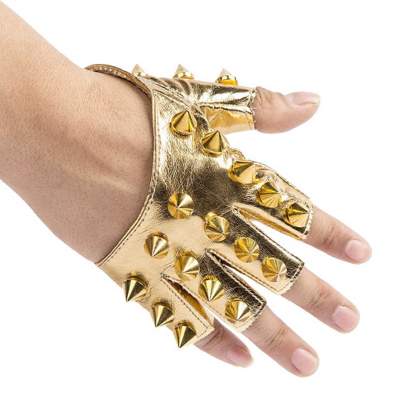 Medio dedo guantes hombres y mujeres punk hip hop remache medio dedo guantes de cuero dedo abierto rendimiento etapa romper guantes de baile