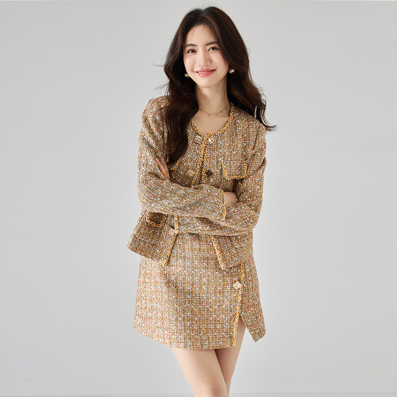 26 Spring Tweed Light Luxury Chanel-Style Jacket Waist-Cinching Dress Set Jacket 18126 Dress 18137