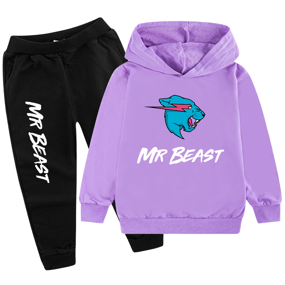 Testa di lupo MR BEAST Cartoon stampato set per ragazzi e bambini felpa con cappuccio maglione + pantaloni PB437_voghion.com
