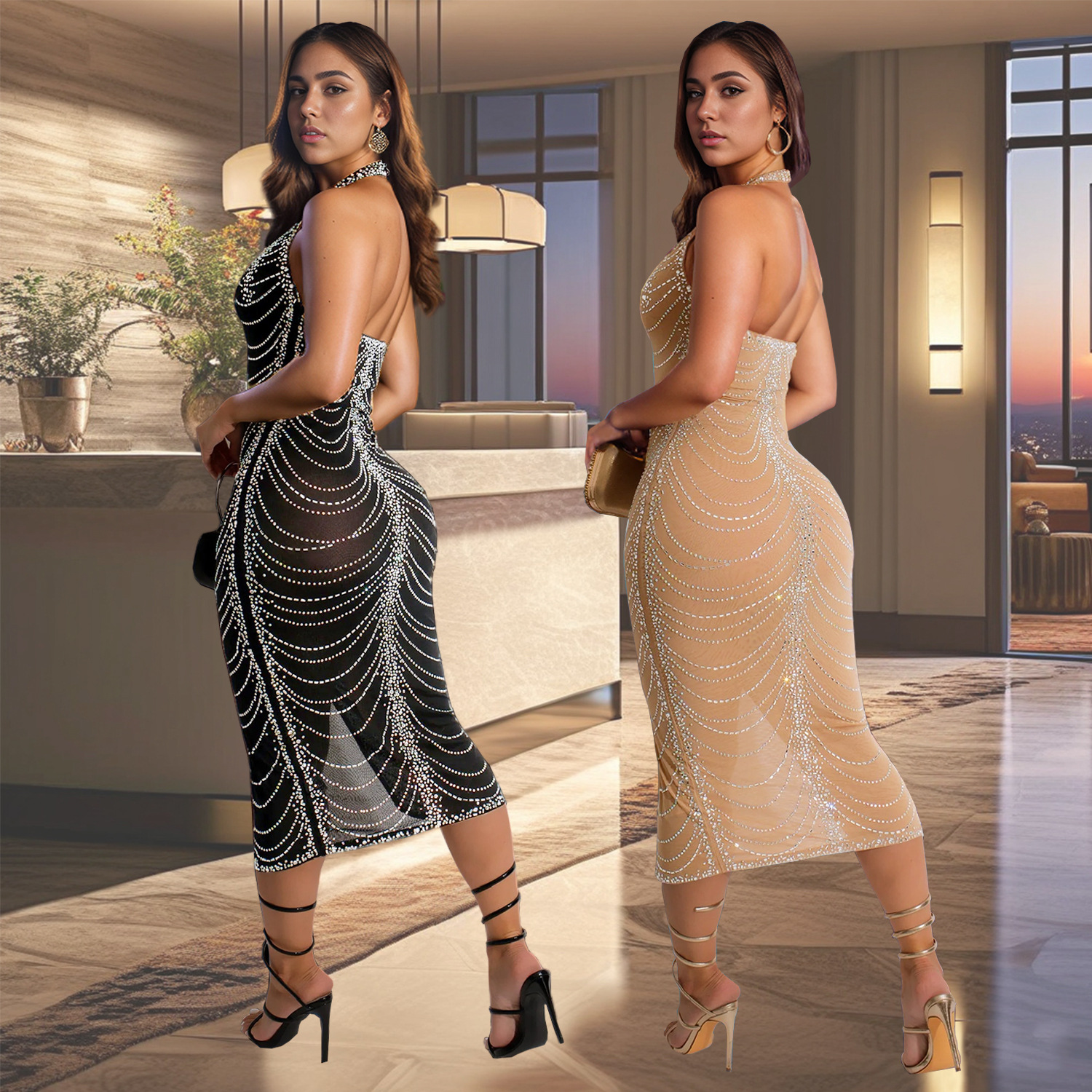 C7095 Aliexpress transfronterizo amazon ropa de moda europea y americana de mujer caliente delgada sexy bolsa de cadera vestido largo